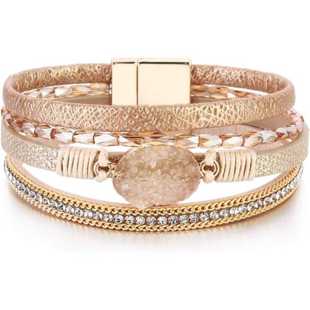 Leather Wrap Bracelet Women Boho Cuff Bangle Crystal Bead Magnetic Jewelry Gift
